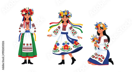 Vector set collections of Ukrainian women wearing vyshyvanka dress and flower crown, representing Slavic identity, agricultural tradition, and cultural heritage