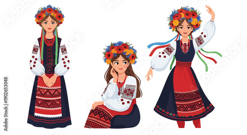 Vector set collections of Ukrainian women wearing vyshyvanka dress and flower crown, representing Slavic identity, agricultural tradition, and cultural heritage