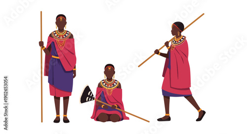 Vector set collections of Kenyan women wearing Maasai dress with bead necklaces and staff, highlighting African tribal heritage, cultural identity, and ceremonial tradition