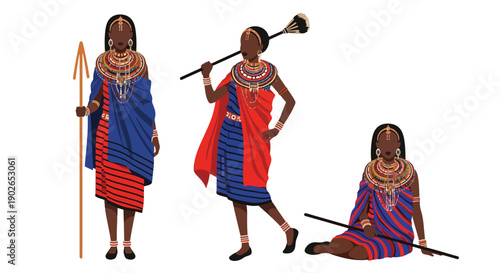 Vector set collections of Kenyan women wearing Maasai dress with bead necklaces and staff, highlighting African tribal heritage, cultural identity, and ceremonial tradition