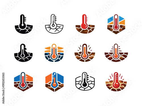 Investigating climate change effects. Icon set. Set Logo of Investigating climate change effects: thermometer and cracked earth. harmonious