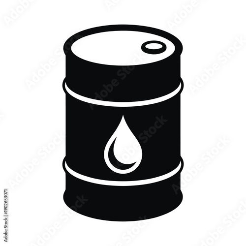 Black and white vector illustration of oil barrel with drop icon