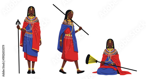 Vector set collections of Kenyan women wearing Maasai dress with bead necklaces and staff, highlighting African tribal heritage, cultural identity, and ceremonial tradition