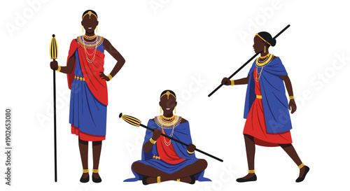 Vector set collections of Kenyan women wearing Maasai dress with bead necklaces and staff, highlighting African tribal heritage, cultural identity, and ceremonial tradition