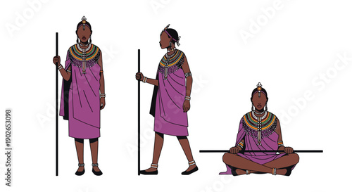 Vector set collections of Kenyan women wearing Maasai dress with bead necklaces and staff, highlighting African tribal heritage, cultural identity, and ceremonial tradition