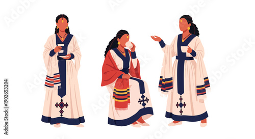 Vector set collections of Ethiopian women wearing habesha kemis and shawl, showing East African heritage, hospitality culture, and tradition