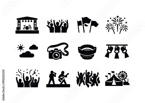 Festival Photography. Solid icon set of Festival Photography: outdoor stage, festival crowd, flags, fireworks, open sky, camera strap, wide