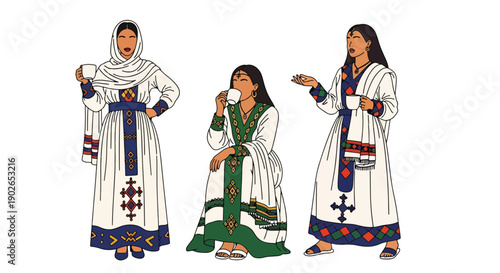 Vector set collections of Ethiopian women wearing habesha kemis and shawl, showing East African heritage, hospitality culture, and tradition