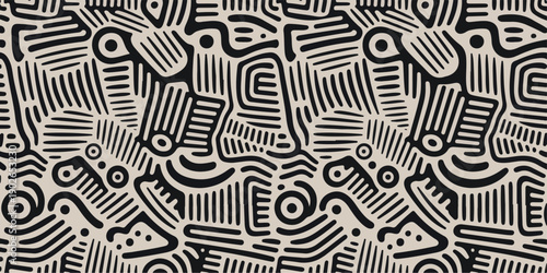 Abstract organic pattern seamless texture, black and beige wavy lines and shapes in tribal or ethnic style background