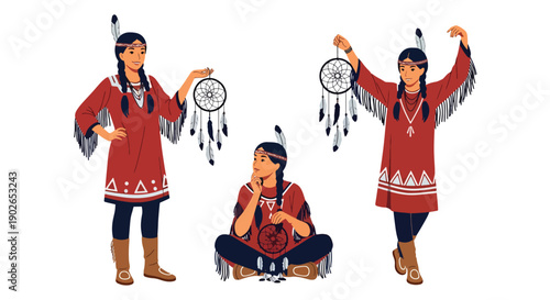 Vector set collections of Native American women wearing traditional dress with feather accessories, representing indigenous culture and spiritual heritage