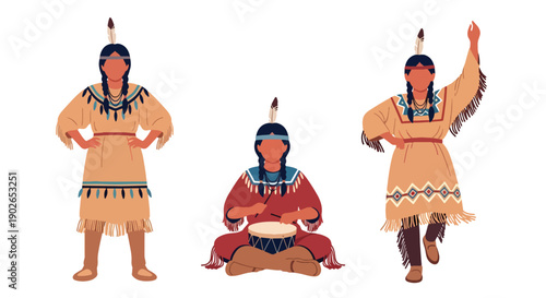 Vector set collections of Native American women wearing traditional dress with feather accessories, representing indigenous culture and spiritual heritage