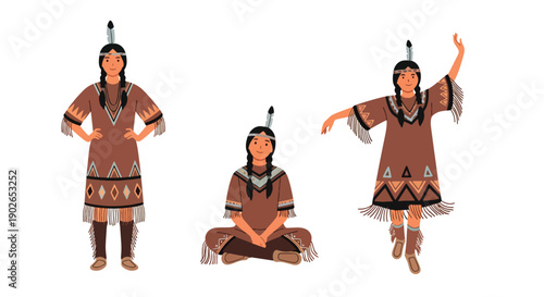 Vector set collections of Native American women wearing traditional dress with feather accessories, representing indigenous culture and spiritual heritage