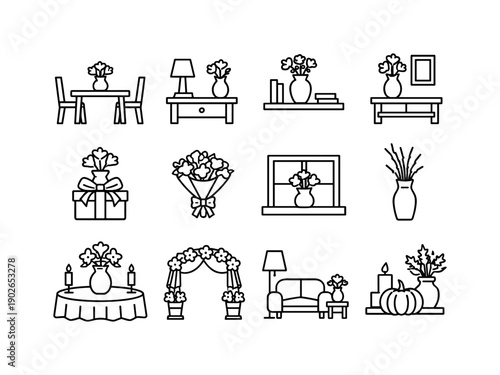 Decor and placement. Line icon set of Decor and placement: vase on dining table, bedside vase, shelf vase decor, entryway floral vase, gift