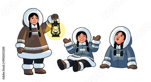 Vector set collections of Inuit women wearing fur-trimmed parka and lantern, showing Arctic survival culture, northern heritage, and traditional lifestyle