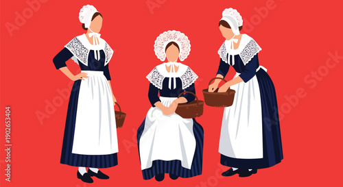 Vector set collections of French women wearing Breton dress and lace bonnet, highlighting regional heritage, coastal culture, and European folk tradition