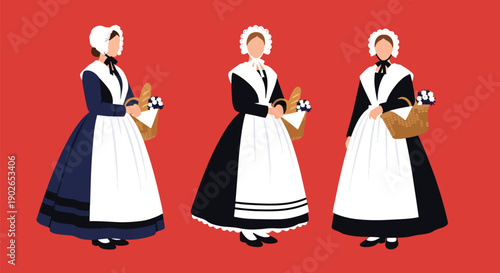 Vector set collections of French women wearing Breton dress and lace bonnet, highlighting regional heritage, coastal culture, and European folk tradition