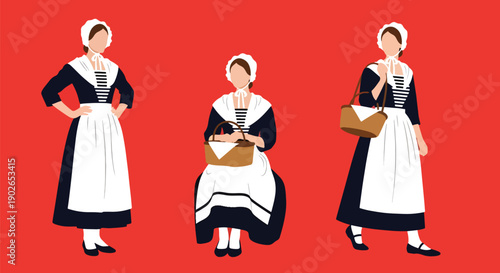 Vector set collections of French women wearing Breton dress and lace bonnet, highlighting regional heritage, coastal culture, and European folk tradition