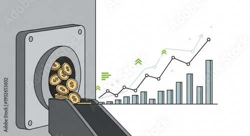 Profit growth with money coins flowing into graph charts