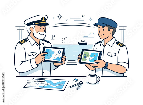 Marine navigation systems planning. A captain and officer exchanging digital charts on tablets near a window with sea view. Calm