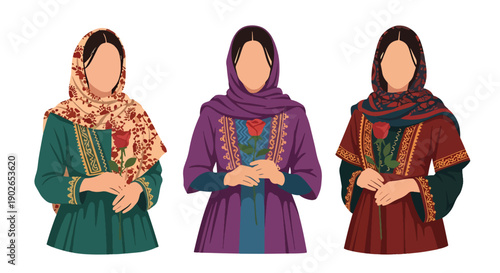 Vector set collections of Iranian women wearing traditional Persian dress with patterned scarf and rose, highlighting Middle Eastern culture and artistic heritage