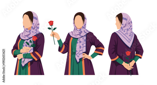 Vector set collections of Iranian women wearing traditional Persian dress with patterned scarf and rose, highlighting Middle Eastern culture and artistic heritage