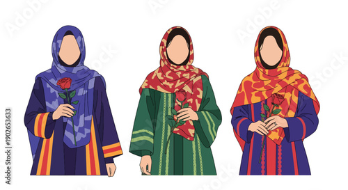 Vector set collections of Iranian women wearing traditional Persian dress with patterned scarf and rose, highlighting Middle Eastern culture and artistic heritage