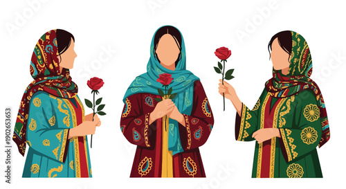 Vector set collections of Iranian women wearing traditional Persian dress with patterned scarf and rose, highlighting Middle Eastern culture and artistic heritage