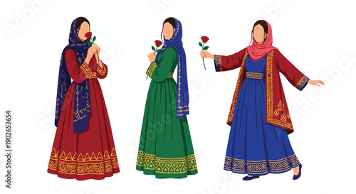 Vector set collections of Iranian women wearing traditional Persian dress with patterned scarf and rose, highlighting Middle Eastern culture and artistic heritage