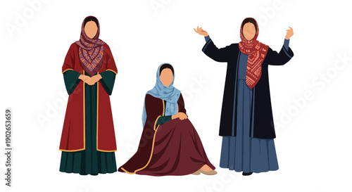 Vector set collections of Iranian women wearing traditional Persian dress with patterned scarf and rose, highlighting Middle Eastern culture and artistic heritage