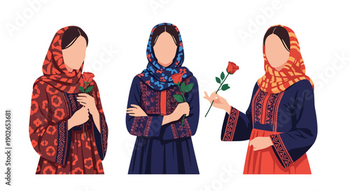 Vector set collections of Iranian women wearing traditional Persian dress with patterned scarf and rose, highlighting Middle Eastern culture and artistic heritage