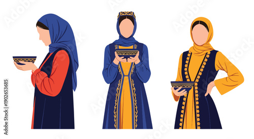 Vector set collections of Uzbek women wearing atlas silk dress with headscarf, showing Central Asian heritage and artisan culture