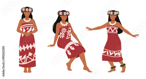 Vector set collections of Polynesian women wearing tapa cloth dress with flower crown, presenting oceanic heritage, island culture, and traditional beauty