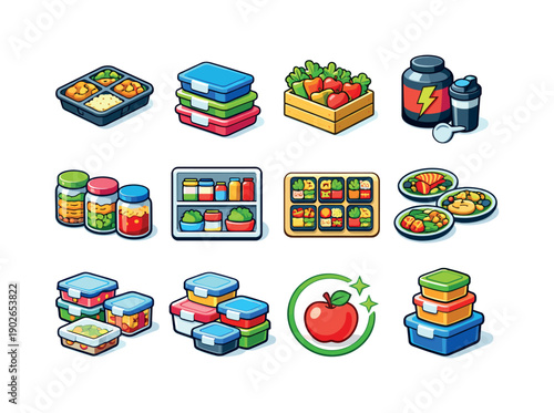 Colorful Meal Prep Icons. Meal prep storage. Colorful isometric vector icons set of meal prep storage: meal prep containers, portioned meals, stacked lunch