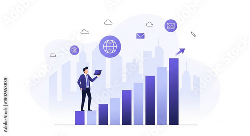 Businessman analyzing growth chart with laptop in modern cityscape