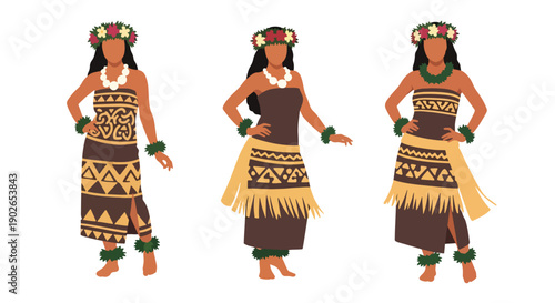 Vector set collections of Polynesian women wearing tapa cloth dress with flower crown, presenting oceanic heritage, island culture, and traditional beauty