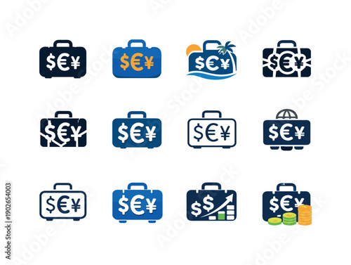 Economic impact of tourism. Icon set. Set Logo of economic impact of tourism: suitcase with currency symbols. harmonious logo variations of