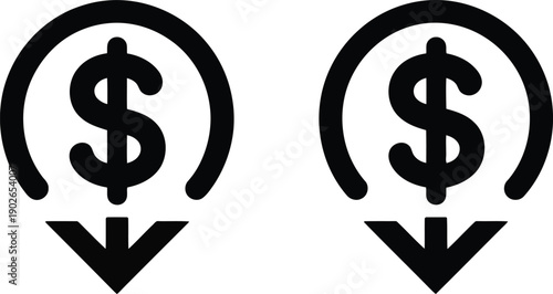Two consistent black icons show a dollar sign under an arc with a downward pointing arrow