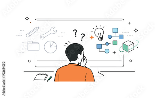 Fear of outdated skills. A person looking at a screen with familiar tools fading while new abstract symbols appear, expressing uncertainty