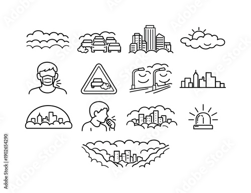 Urban Smog Crisis. Line icon set of Urban Smog Crisis: dense smog layer, traffic jam, high rise buildings, sun blocked by haze, pedestrian