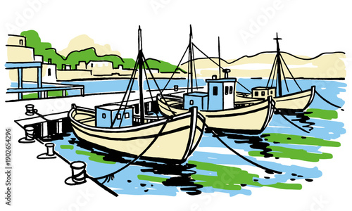 Sketch illustration of three fishing boats moored in a Mediterranean harbor. Cartoon drawing of traditional fishing vessels at port with coastal lands