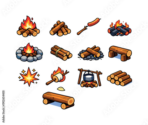 Campfire logs. Colorful isometric vector icons set of Campfire logs: burning log pile, arranged campfire setup, roasting stick, glowing ember