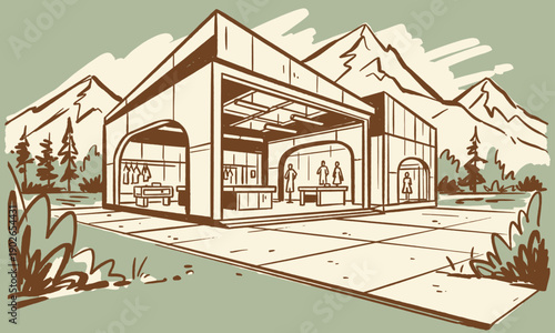 Retro sketch illustration of a modern retail building or visitor center set against mountains and forest. Mid-century architectural drawing style.