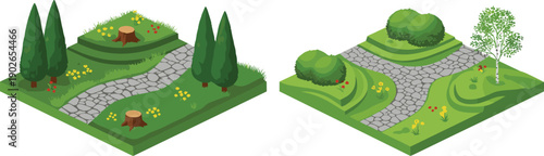 Isometric garden plot illustration featuring stone pathways, coniferous trees, leafy bushes, stumps, flowers, and contoured grassy terrain for landscaping, gardening, and game environment design