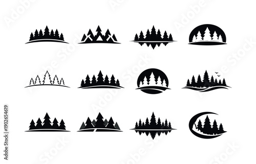 Forest. Icon set. Set Logo of forest: evergreen forest horizon. harmonious logo variations of the same emblematic concept, each