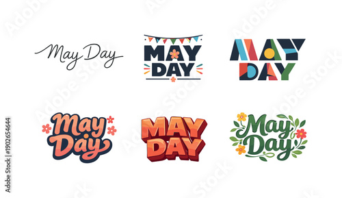 May Day Lettering Designs. May Day festival. Set lettering. harmonious lettering variations of the same emblematic concept, each with different artistic