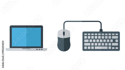 Laptop with blank screen, computer mouse, and keyboard in modern minimalist style with soft blue lighting on white background for technology advertising