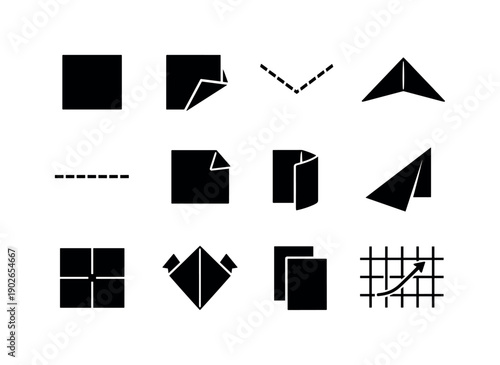 Origami Basics Icons. Origami basics. Solid icon set of origami basics: square paper sheet, paper folding step, valley fold, mountain fold, crease line, folded