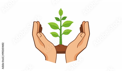 Protective hands cradling growing plant sprout representing environmental protection and eco sustainability vector illustration
