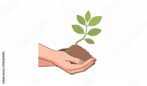 Hands holding young tree sapling with roots symbolizing reforestation and environmental conservation vector illustration