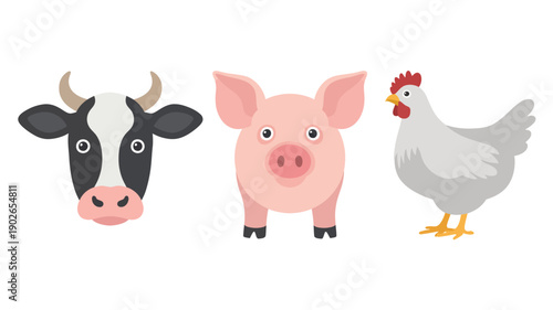 Cartoon farm animals in cute style with bright colors on white background for agriculture
